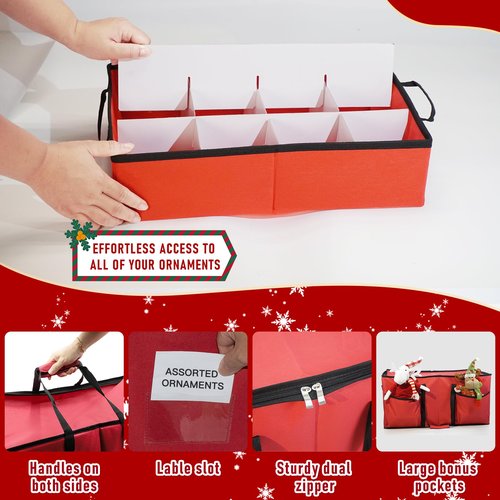 Tufmunb Christmas Ornament Storage Box, Stores 96-4" Large Ornaments with Individual Trays, Ornament Organizer Storage Box, Durable 600D Oxford Material, Extra Pockets, Dual Zipper - Red