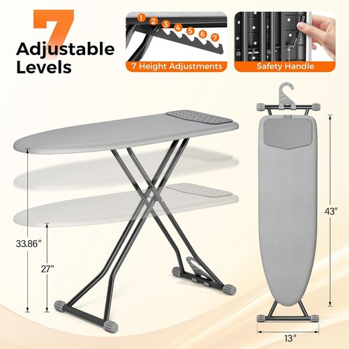 APEXCHASER Compact Ironing Board - Foldable Design with Heat Resistant Cover | 7 Height Adjustable, 13x43 Solid Grey