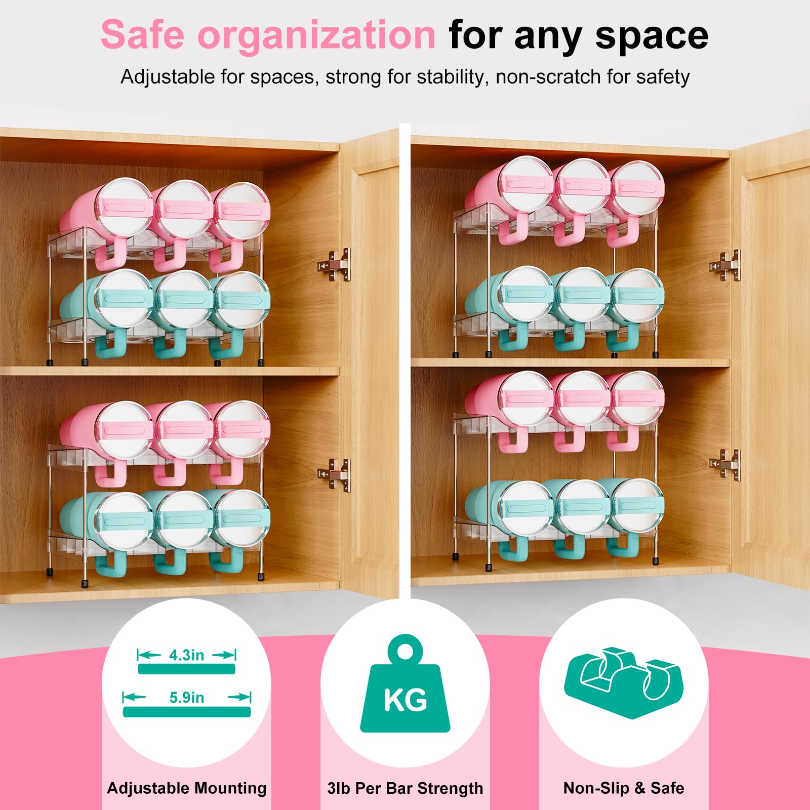 Reusable Stackable with Handle Compartment Water Bottle Tumbler Organizer for Stanley 40oz with Handle Cup, Stanley Accessories for Pantry, Cabinet & Kitchen Organization and Storage,2 Tier Hold 6