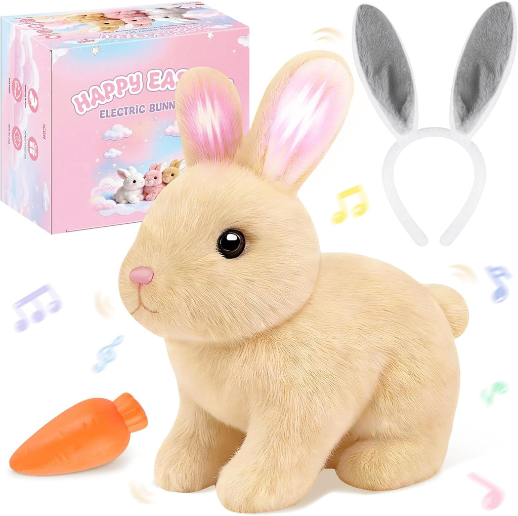Skiennix Realistic Bunny Toy - Interactive Hopping Rabbit Set with Sounds & Headband | Brown