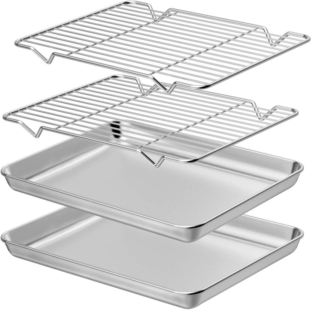 Wildone Baking Sheet Set - Stainless Steel Cookie Pan with Cooling Racks | 2 Sheets + 2 Racks, 10 x 8 x 1 Inch, Non-Toxic & Easy Clean