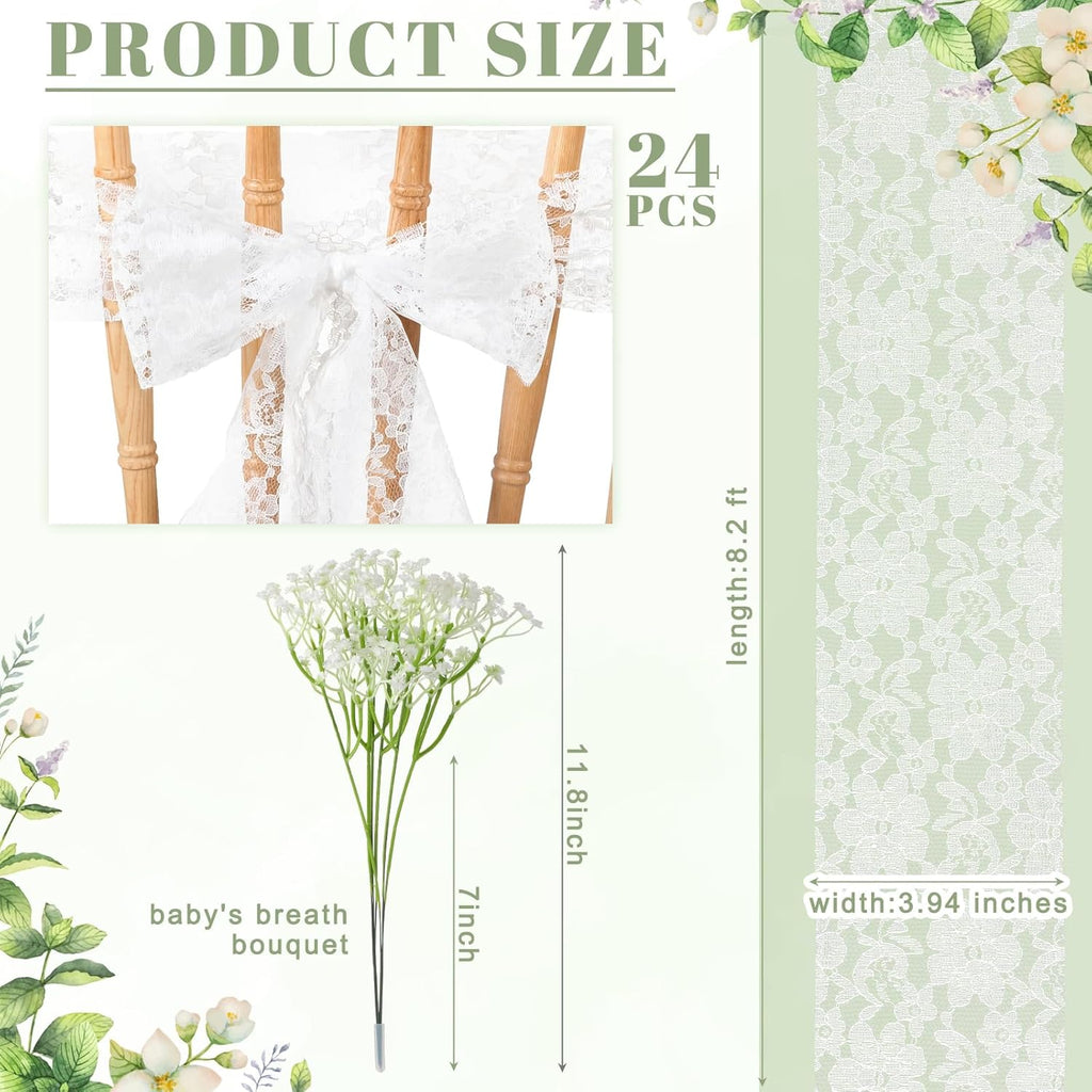 Moukeren White Lace Chair Sashes - 24 Sets with Artificial Baby's Breath | 8.2ft Wedding Aisle Decor