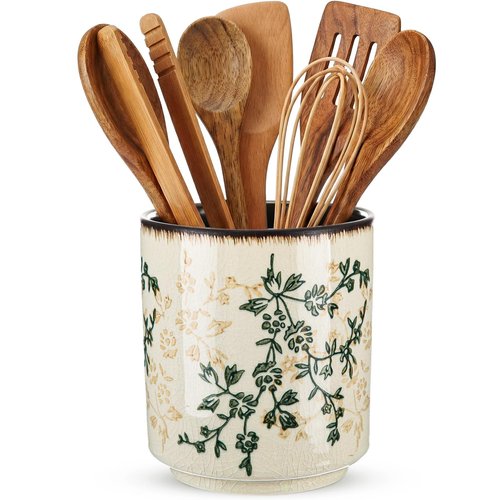 Teecyhooo Rustic Ceramic Utensil Holder for Kitchen Counter 5.5" Floral Utensils Crock Tuscany Countertop Cooking Tools Elegant Storage Caddy for Spatula Spoon Farmhouse Decor Housewarming Gift