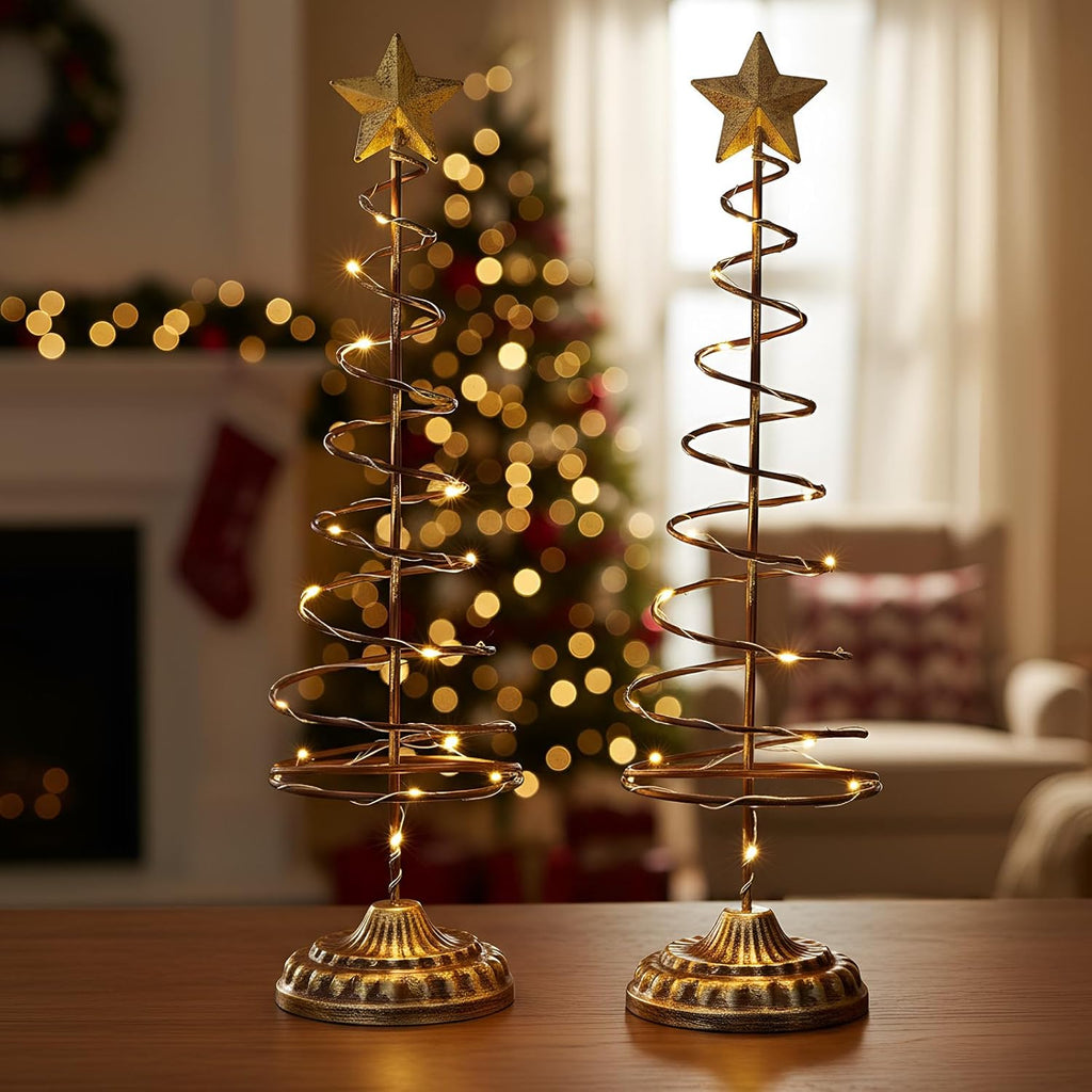 Skiennix Lighted Christmas Tree Table Decoration - Prelit Mini Xmas Tree with Golden Star | Battery Operated, Spiral Design