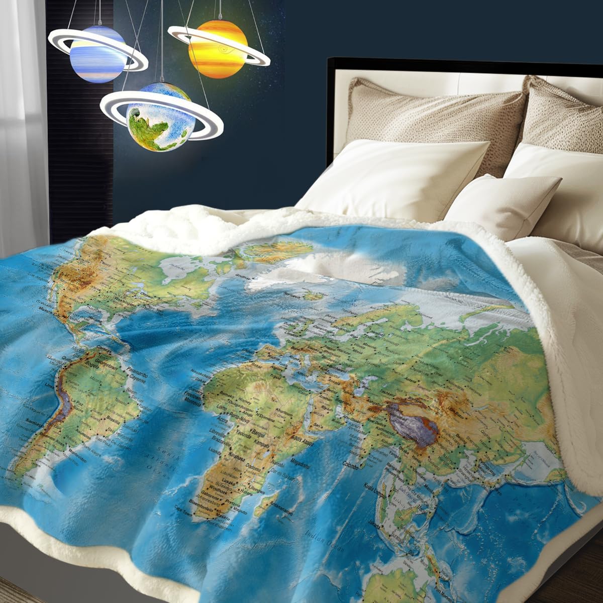 Sleepwish World Map Sherpa Fleece Throw Blanket, Soft Thick Plush Blue Blanket Vivid 3D Print Map of The World Blankets Gifts for Teens Kids Boys Girls 50x60 Inches