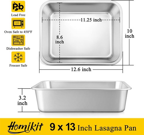 Homikit Lasagna Pan - 3 Inch Deep 9x13 Stainless Steel Baking Dish | Heavy-Duty Roasting Tray, Rustproof & Dishwasher Safe