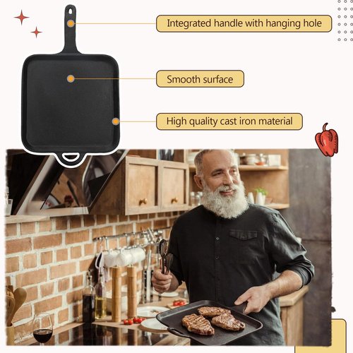 Ferrochef 12 Inch Cast Iron Square Griddle, Seasoned Flat Skillets with Ring Handle, Cast Iron Square Griddle Pan for Stove Top, Stylishly Designed &heat Resistant for Kitchen Cooking
