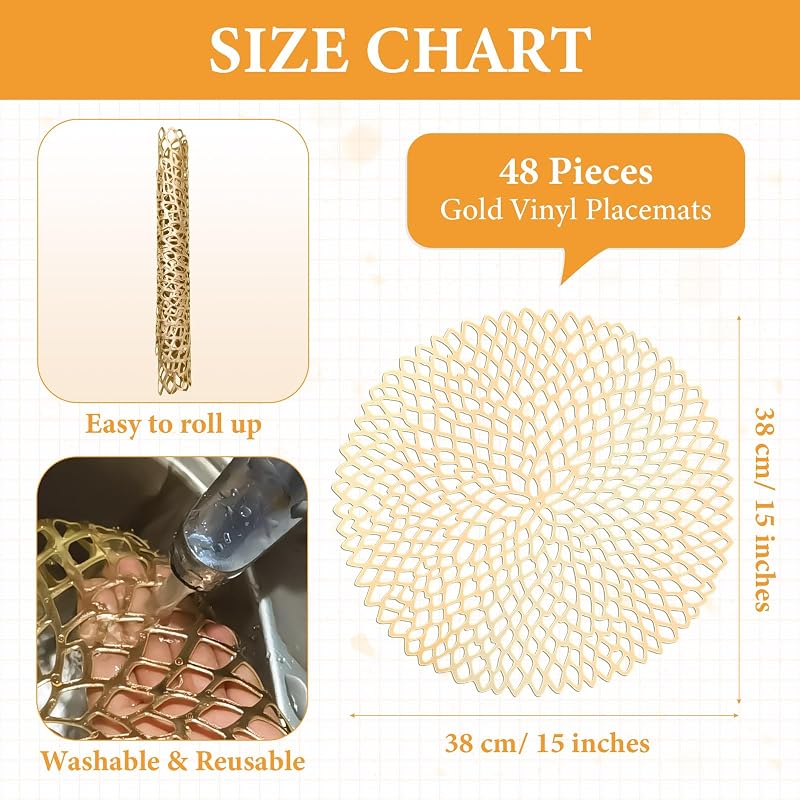 Gold Round Placemats 15 Inch Set of 48 - Non-Slip Vinyl Chargers for Christmas Dinner