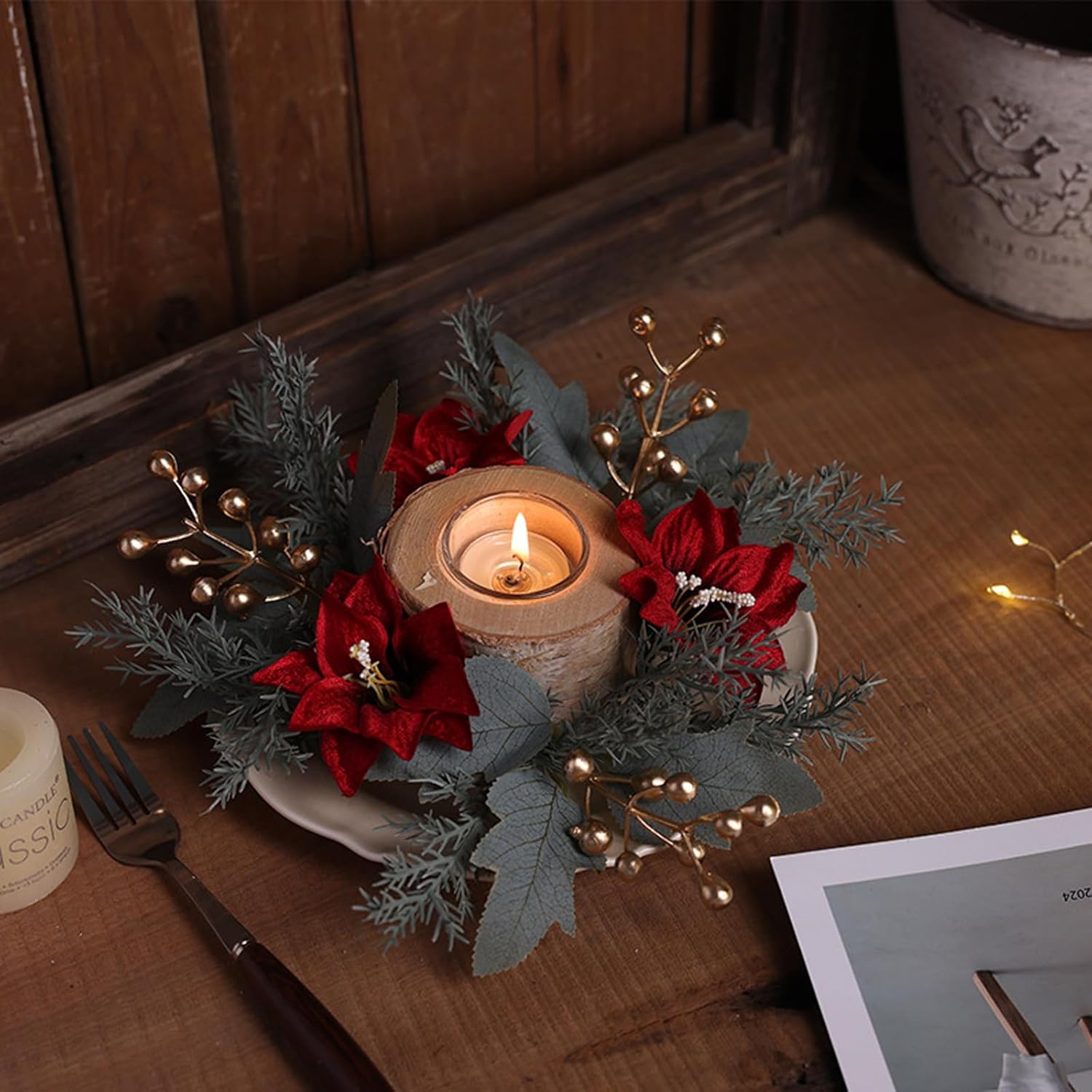 Regine Switzerland Christmas Candle Rings - Festive Pine Needles & Red Berries | Winter Table Centerpiece Decor