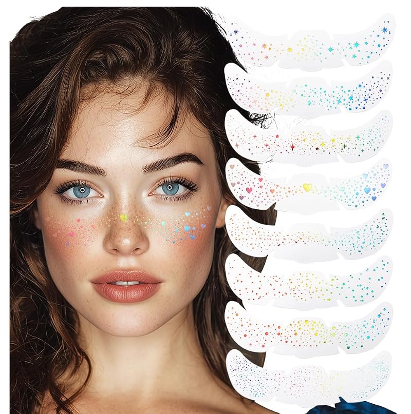 TEIHWAL 8 PCS Holographic Glitter Freckles Face Tattoo Stickers, Waterproof Rainbow Sparkle Makeup Patches for Music Festivals