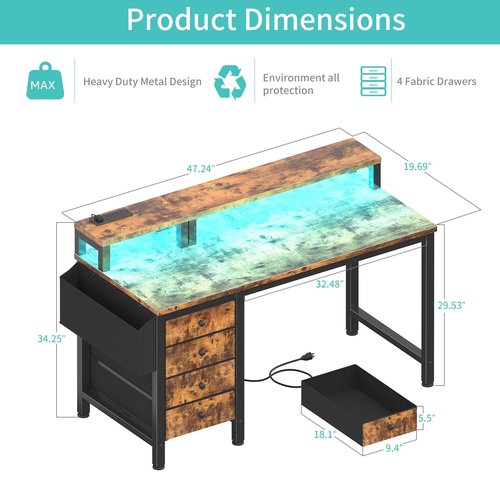Lufeiya Gaming Desk with LED Lights and Power Outlets, 47 inch Computer Desk with Fabric Drawers, Reversible Home Office Desk with Monitor Stand, Black