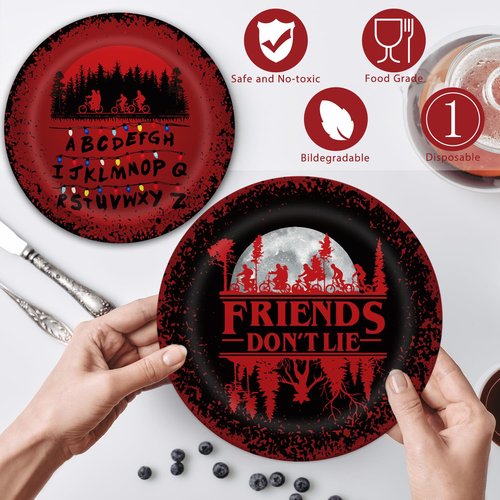 41 Stranger Birthday Party Decorations Include 20 Paper Plates of 2 Size, 20 Napkins,1 42.5x70.8inch Waterproof Plastic Tablecloth Red and Black Birthday Tableware Set