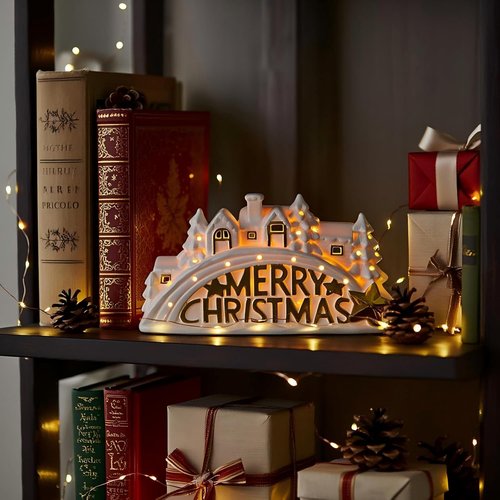 Bdor Lighted Ceramic Christmas Village Decor - 11" White LED House with Golden "Merry Christmas" Sign | Battery Operated Holiday Tabletop Decoration