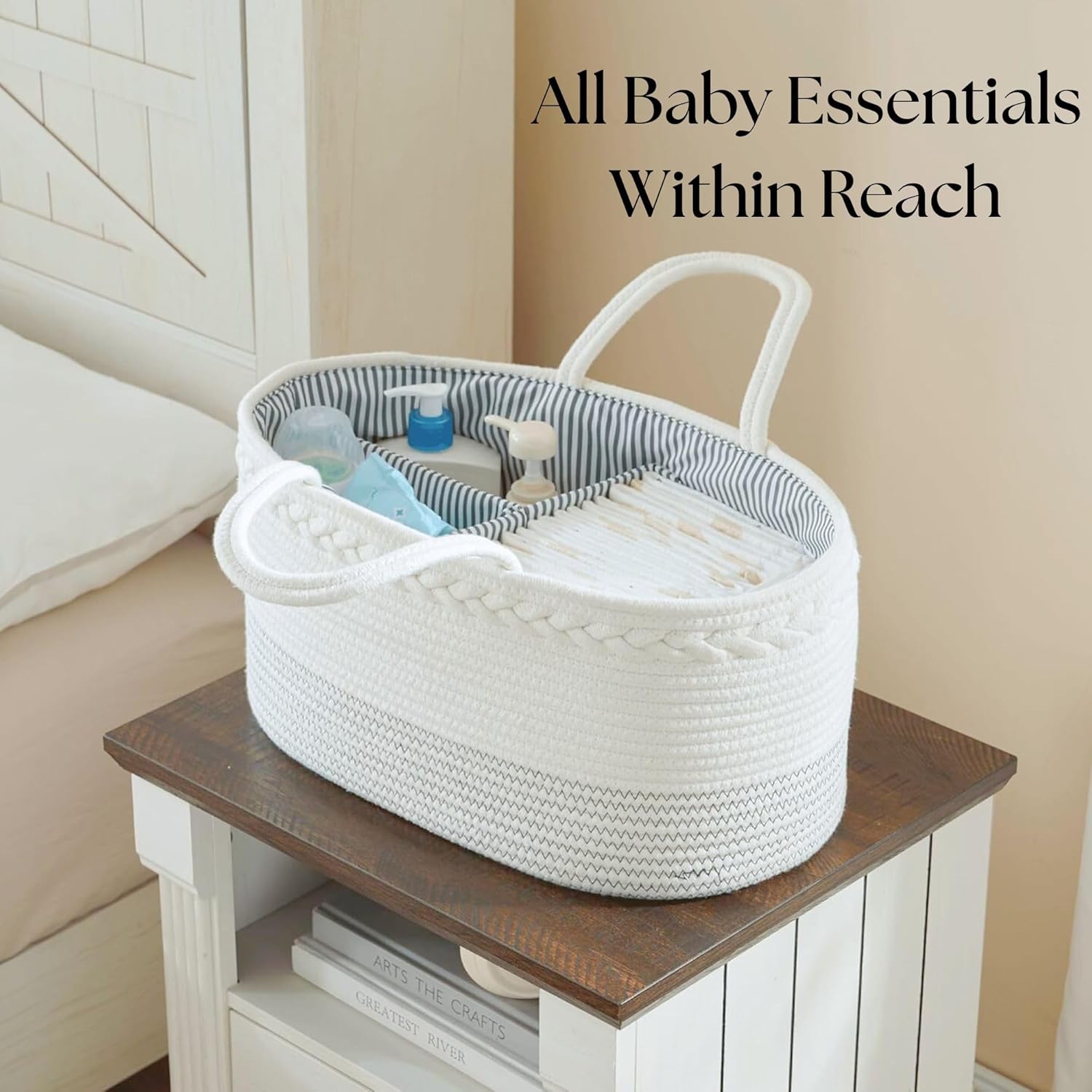Skiennix Diaper Caddy Organizer - Large Cotton Rope Baby Basket for Nursery & Changing Table (Off White)