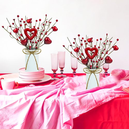 Caplidou 2 Pcs Valentines Day Decorations, Valentines Day Centerpiece for Table Artificial Heart Berry Stems Picks with Vase Floral Arrangement for Mantel Party Wedding Anniversary Home Office