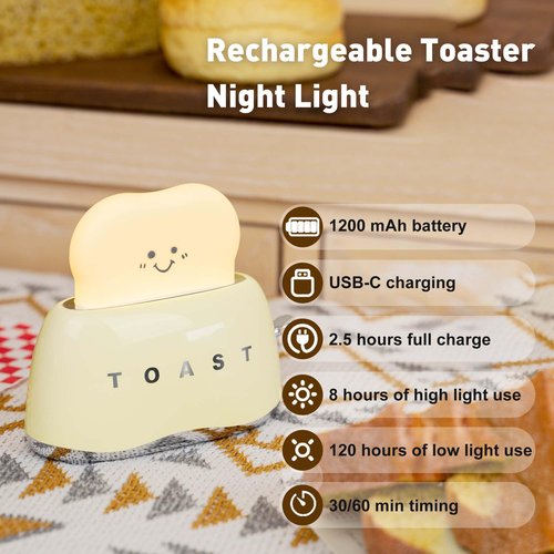 YUN FROG Cute Cartoon Toaster Night Light Table Lamp Desktop Lighting Ornaments Nursery Kids Toys LED Nightlight Gifts Bedroom Decor Yellow