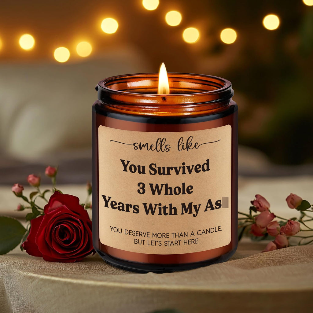 GSPY Candle, 3 Year Anniversary Candle Gifts for Him, Her, Couple - 3rd Anniv. Funny Gifts for Husband, Wife, Girlfriend, Boyfriend, Men - 3 Year Leather Anniversary, Third Wedding Anniv. Present