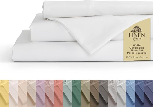 Linen Home 100% Cotton Percale Queen Sheets Set - Crisp White, Deep Pocket, 4-Piece Bedding Essentials