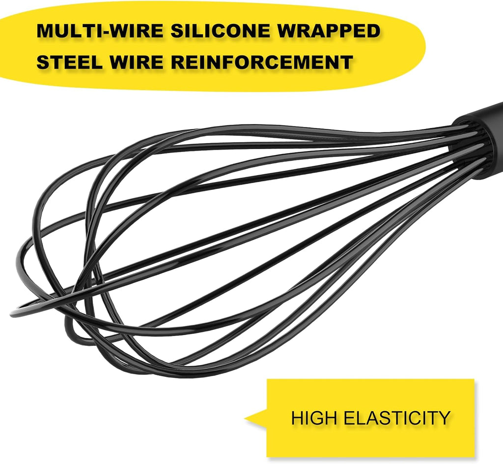 NileHome Silicone Whisk Set - Versatile 8" & 10" Kitchen Whisks for Cooking & Baking | Black
