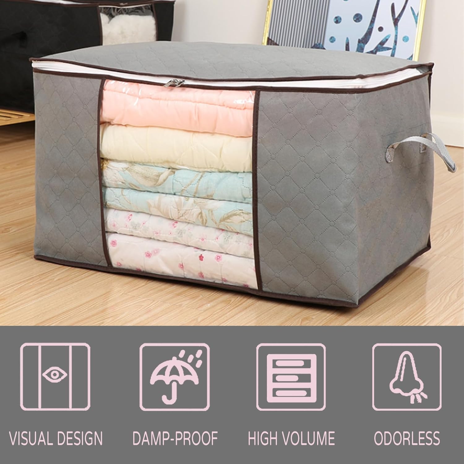 Skiennix 90L Large Foldable Storage Bags - Durable Comforter & Linen Organizer | 10-Pack for Clothes, Toys, Pillows