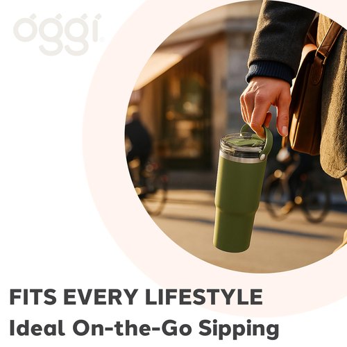 Oggi 30oz Vacuum Insulated Tumbler with Lid & Top Carry Handle – Stainless Steel Coffee Thermos, Travel Mug, Fits Cup Holders, Sweatproof, for Hot or Cold Drinks, Insulated Mug for Adults, Blue