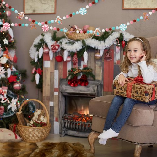 Newwiee Christmas Felt Garland 3D Felt Gingerbread Garland Hanging 8.2 ft Candy Pom Ball Banner for Christmas Holiday Playroom Mantel Wall Decoration