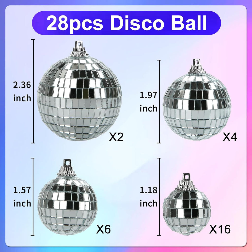 Skiennix 28 Pack Disco Ball Ornaments - Reflective Silver Hanging Decorations for Parties & Events