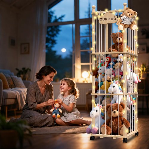 YACONA Stuffed Animal Storage, Wooden Stuffed Animal Holder with Brake Wheels, Toy Plushies Storage with Elastic Bands, Extra Large Toy Organizer & Display Cage for Nursery, Bedroom, Playroom