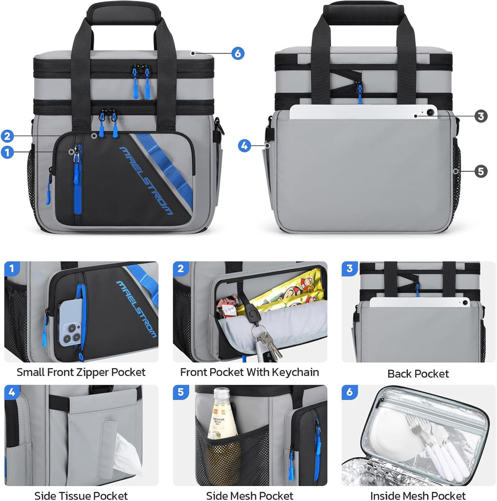 Maelstrom Insulated Lunch Bag - 20L Expandable Double Deck Cooler Tote | Leakproof, 6 Pockets, Grey