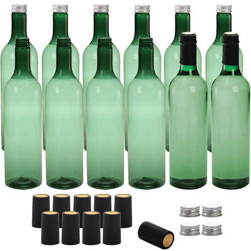 WUWEOT 12 Pack Plastic Wine Bottles, 750ml Empty Bordeaux-Style Liquor Bottle, Reusable Green Long Neck WIne Bottles with Screw Lid and Shrink Capsules Caps