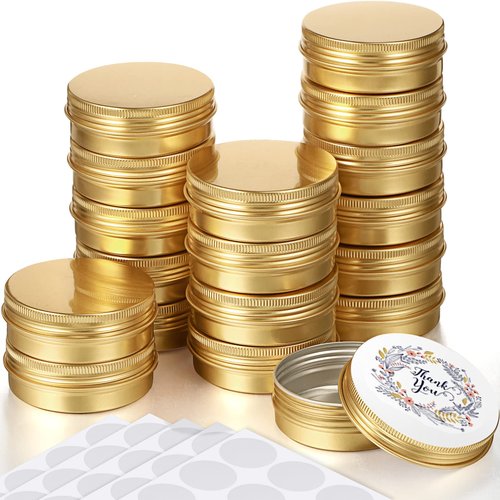 Patelai 72 Pcs 2 oz Aluminum Tins Salve Containers with Screw Lid and Labels Round Cans Travel Cosmetic Metal Tins Jar for Candles Lotion Bars Balms Food Spice Candies DIY Crafts(Gold)