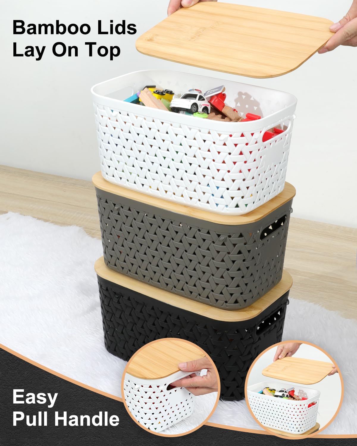 NEATJELAI Plastic Storage Bins with Bamboo Lids 6 Packs,Storage Baskets Pantry Decorative Containers for Organizing Desktop Closet Playroom Classroom Office,Gray,11.6*7.2*5.7'’