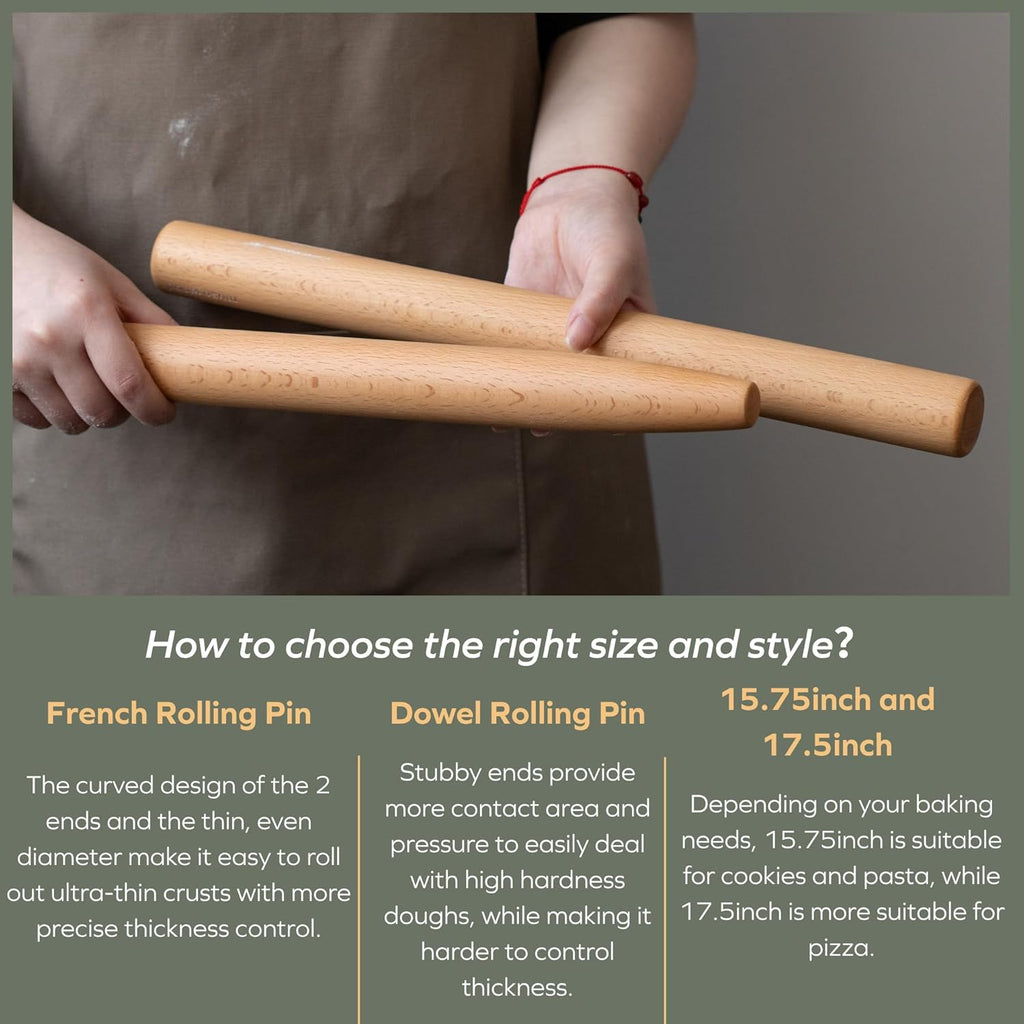 Muso Wood French Rolling Pin - Beech Wood Tapered Design for Baking | 15.75-Inch Length