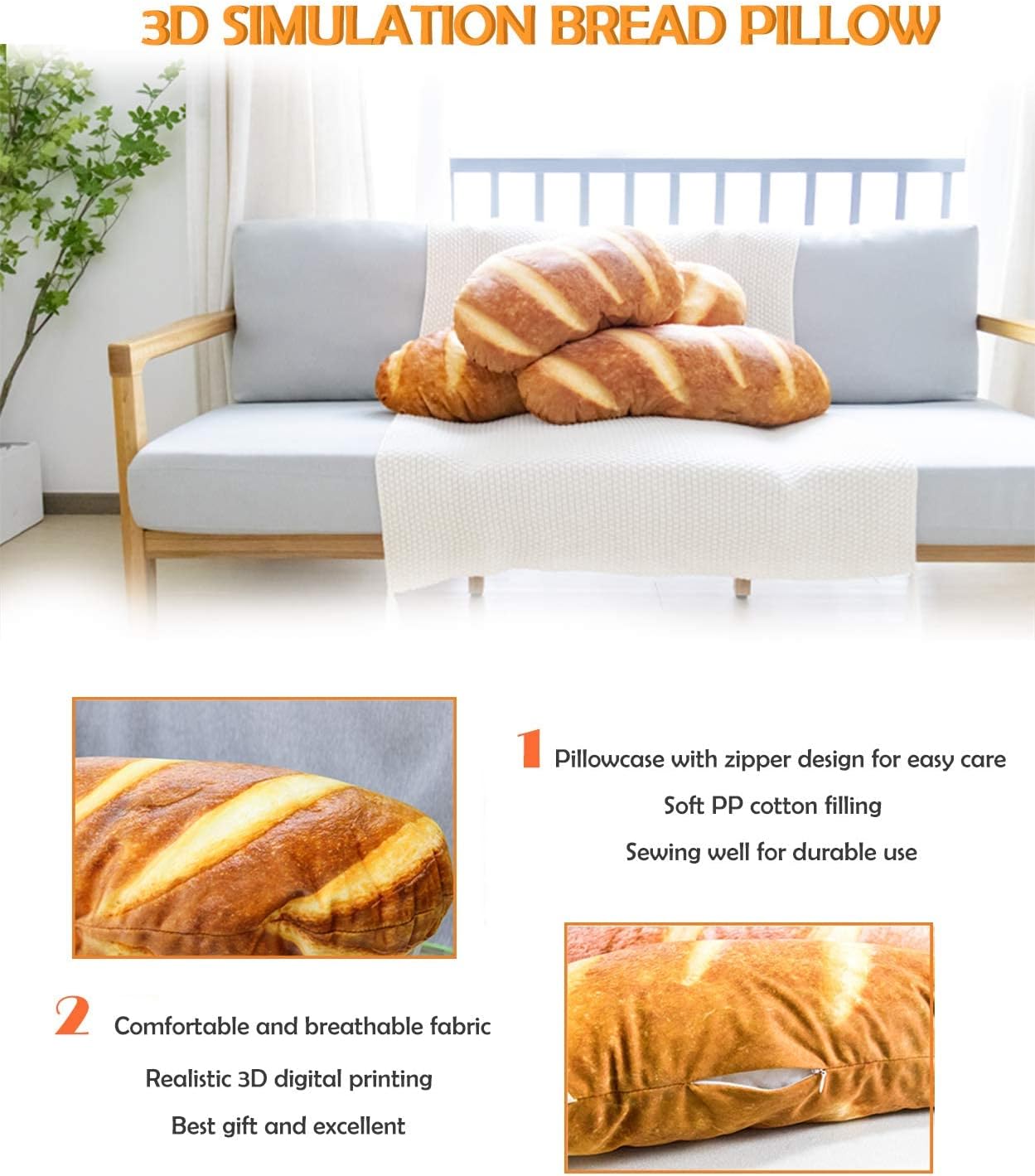Wepop 40-Inch 3D Simulation Bread Shape Pillow - Soft Baguette Lumbar Cushion | Funny Plush Toy