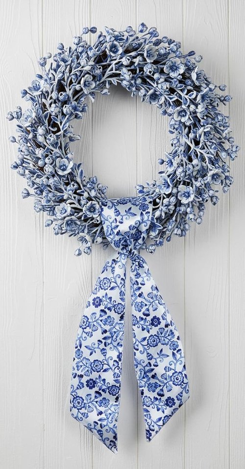 Chinoiserie Wreath Sash - Blue Floral Ribbon Decor for Front Door | 55x5 Inch Indoor/Outdoor Bow