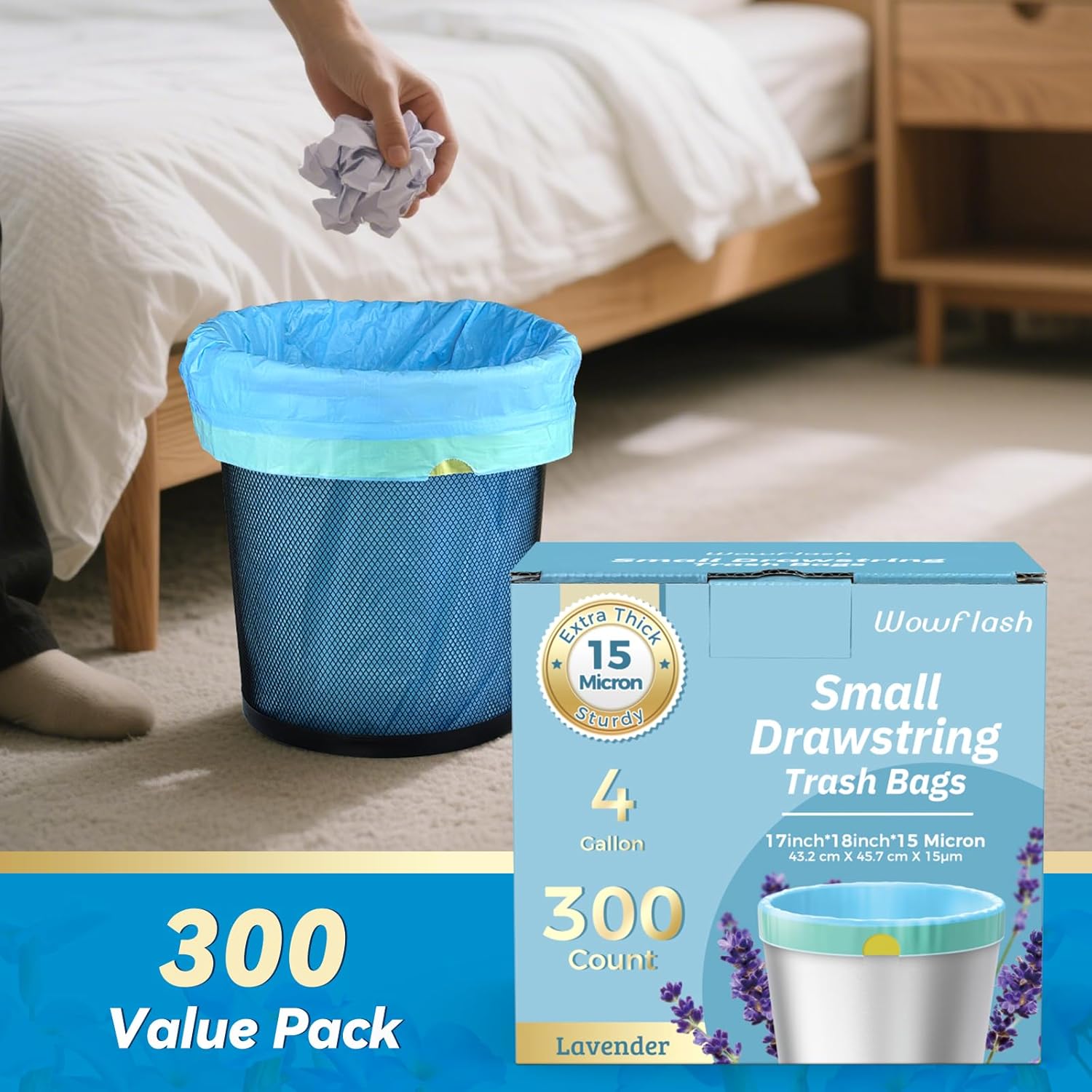 Regine Switzerland 300 Count Extra Thick 15 Micron Drawstring Trash Bags - Sturdy & Tear-Resistant for Home Use