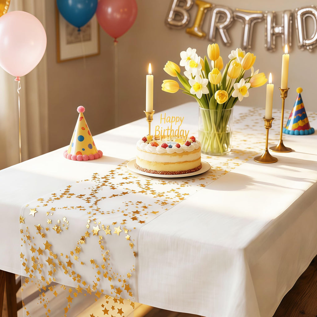 YATOJUZI Gold Table Runner Easter Table Decorations, 16 Ft Golden Star Sheer Chiffon Tulle Table Runners, Sequin Glitter Metallic Gold Foil Centerpiece for Wedding Anniversary Birthday Party