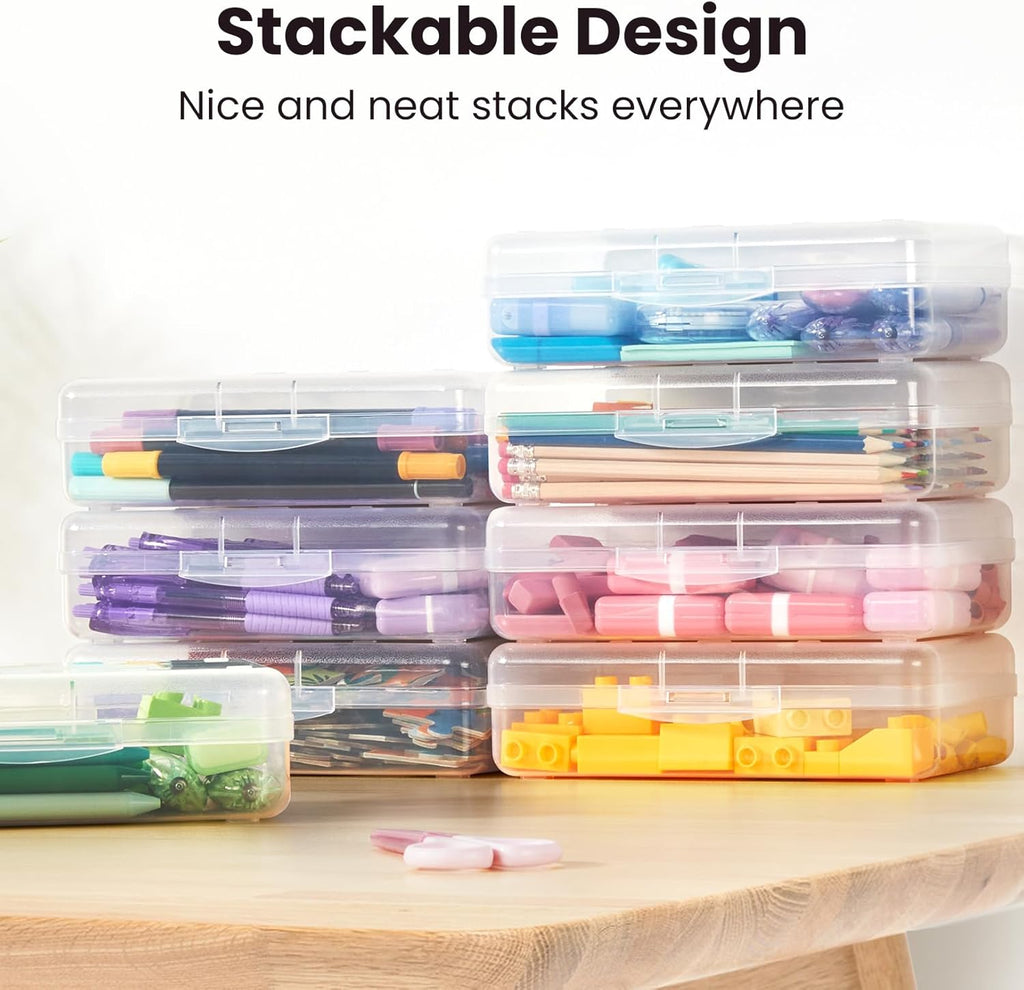 Sooez Plastic Pencil Case Box - 6 Pack Large Crayon Organizer with Snap Lids | Clear Stackable Craft Storage