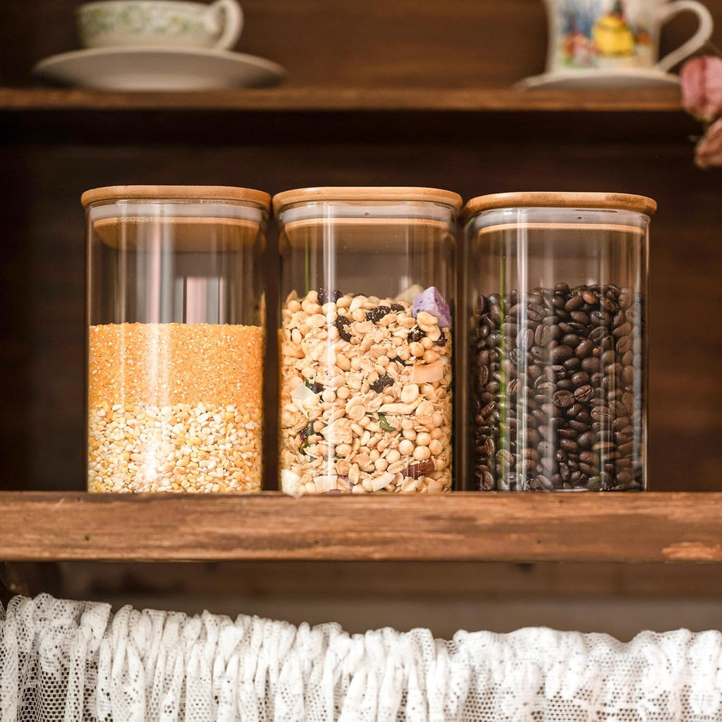 Skiennix Glass Food Storage Jars - 37 oz Airtight Containers with Bamboo Lids | Set of 6 for Tea, Coffee, and More