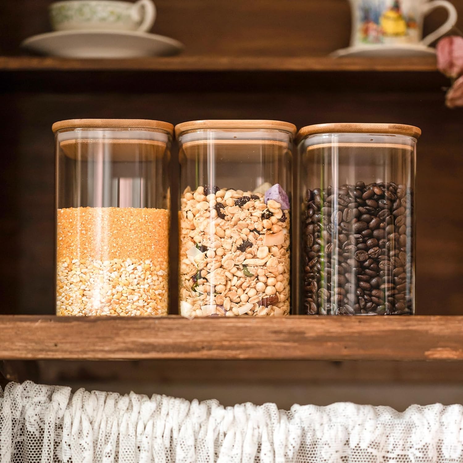 Skiennix Glass Food Storage Jars - 37 oz Airtight Containers with Bamboo Lids | Set of 6 for Tea, Coffee, and More