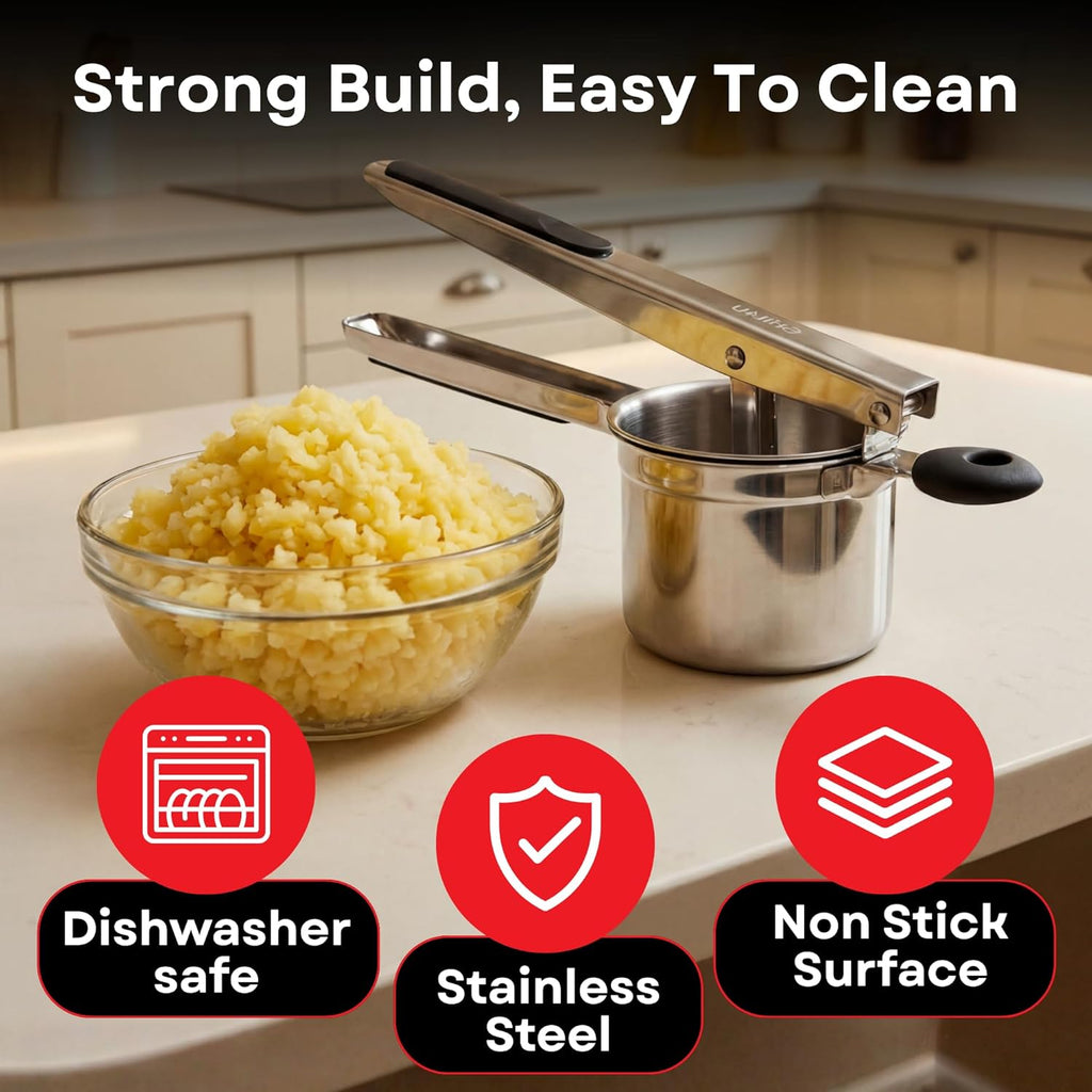 Professional 430 Stainless Steel Potato Ricer - Large 15oz Masher for Fluffy Potatoes, Gnocchi & Baby Food - Ergonomic Non-Slip Handles