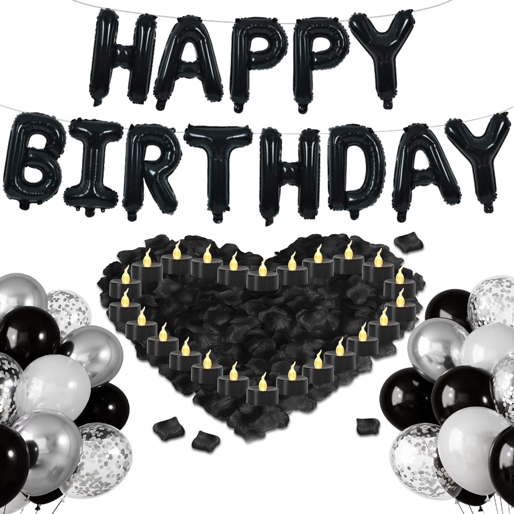 Birthday Decorations for Men - Black and Silver Birthday Decorations Include Letter Balloon Banner & Balloons & 1000 PCS Rose Petals & 24 Pack LED Tealight Candle, Black and Silver Party Supplies