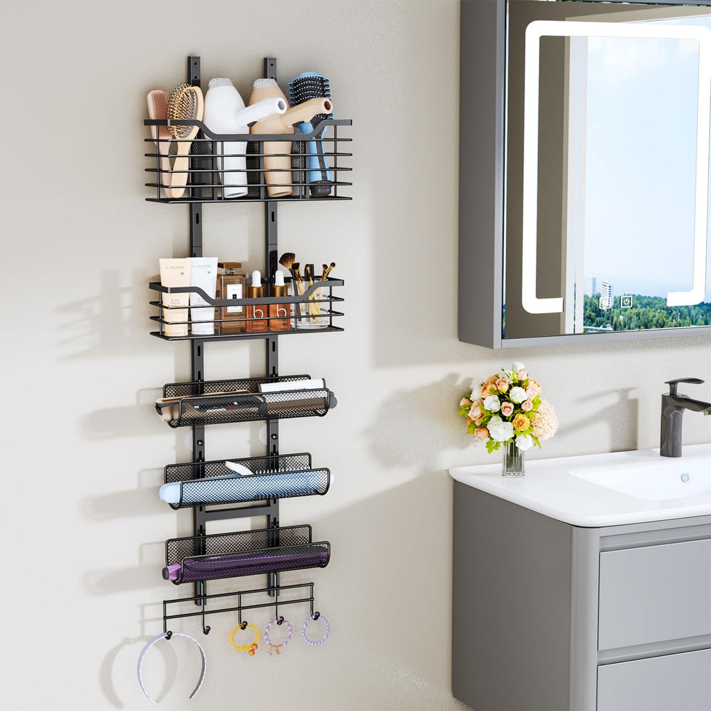 Consumest 6-Tier Hair Tool Organizer - Hair Dryer Holder Over The Door/Wall Mounted DIY Adjustable Shelf Bathroom Door Organizer with Hook for Curling Iron/Blow Dryer/Straightener Black