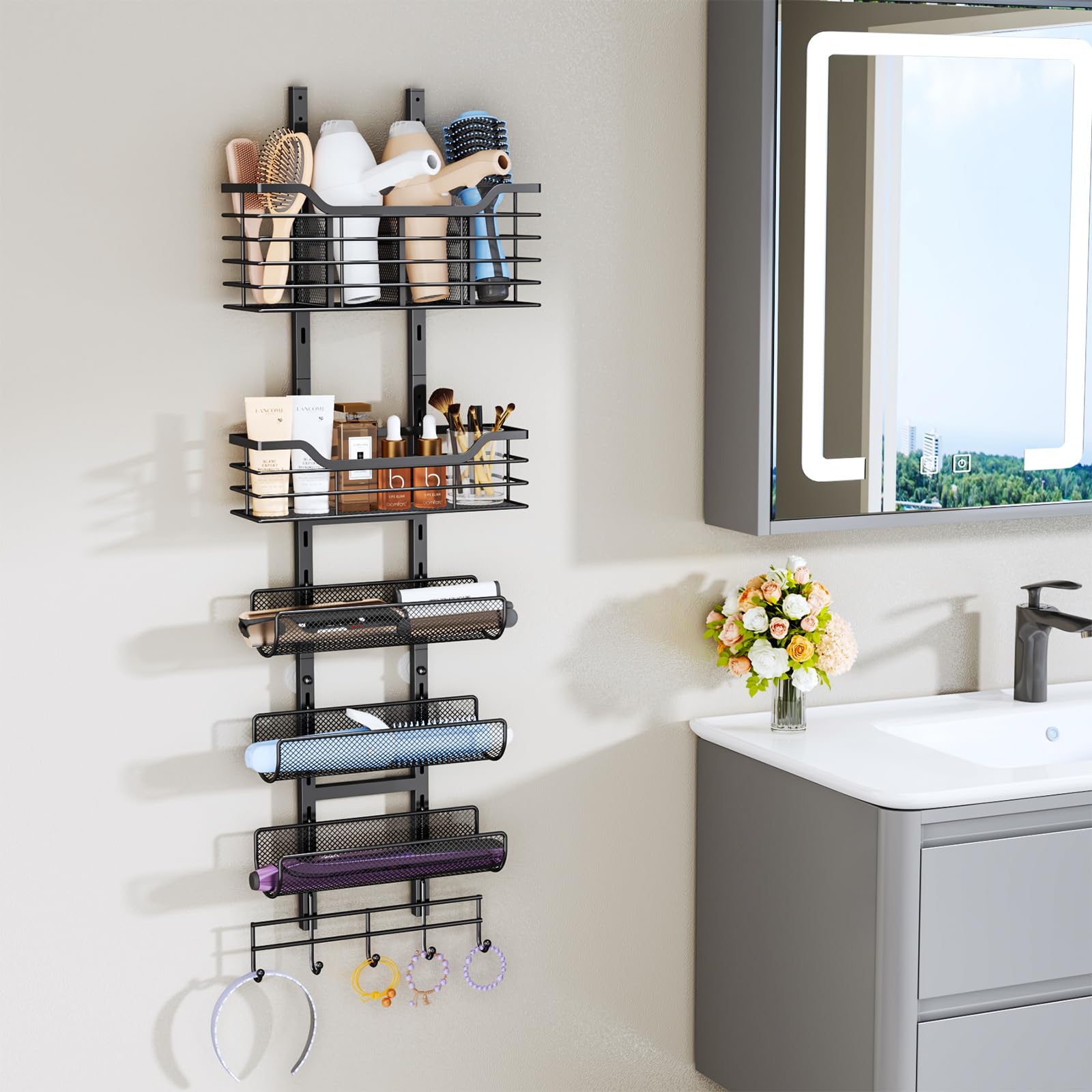 Consumest 6-Tier Hair Tool Organizer - Hair Dryer Holder Over The Door/Wall Mounted DIY Adjustable Shelf Bathroom Door Organizer with Hook for Curling Iron/Blow Dryer/Straightener Black
