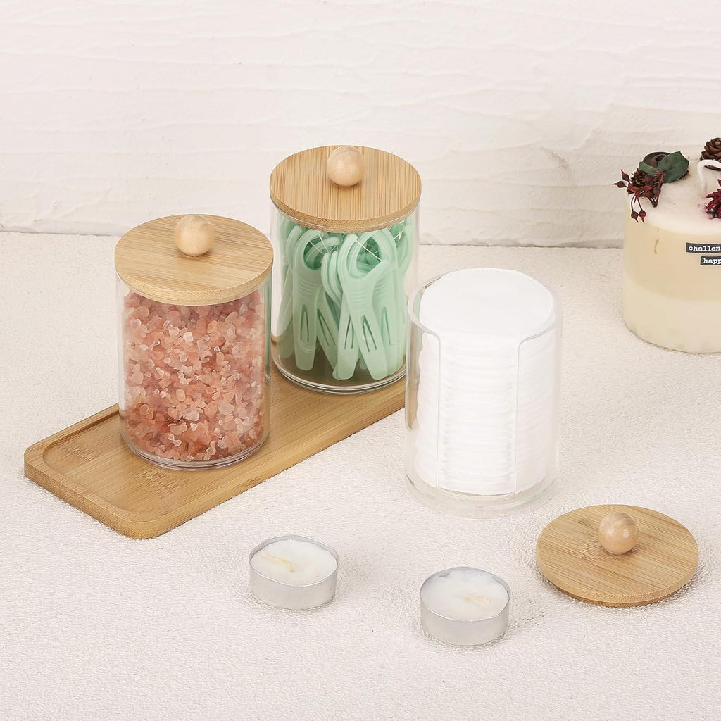Tbestmax Qtip Holder - Clear Apothecary Jar with Bamboo Lid | 10 oz Cotton Swab Dispenser, 3 Pack
