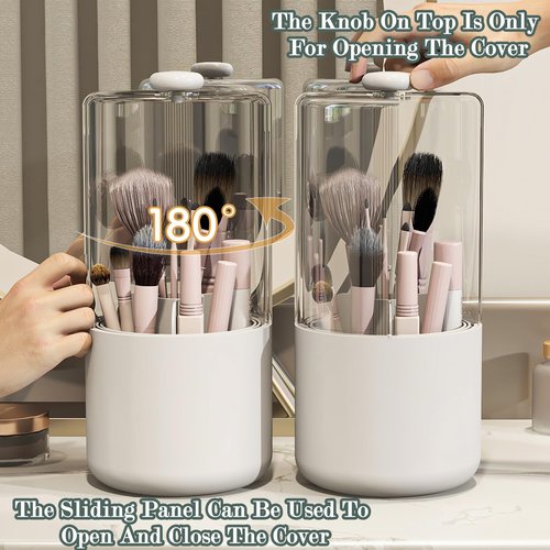 Zufudo Makeup Brush Holder with Dustproof Cover, Clear 360 Rotating Make Up Brushes Organizer for Counter Vanity Bathroom, White