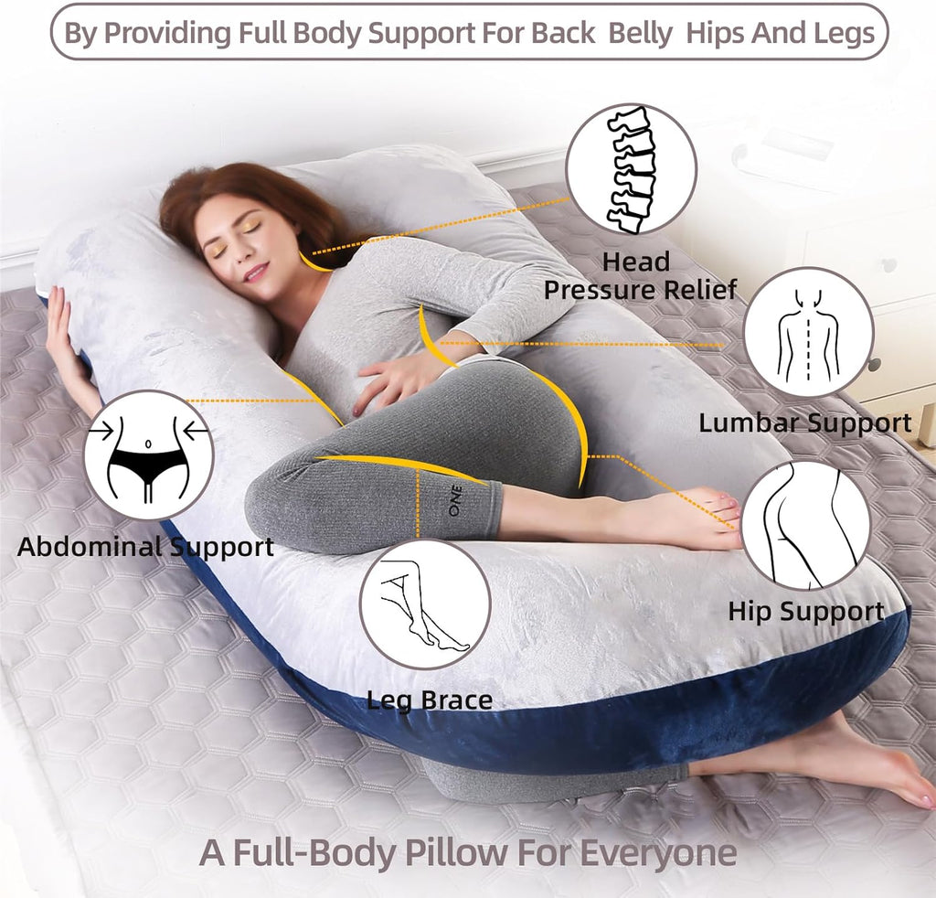 Skiennix 60 Inch U-Shaped Pregnancy Pillow - Cooling Full Body Maternity Support with Washable Velvet Cover | Light Grey & Blue