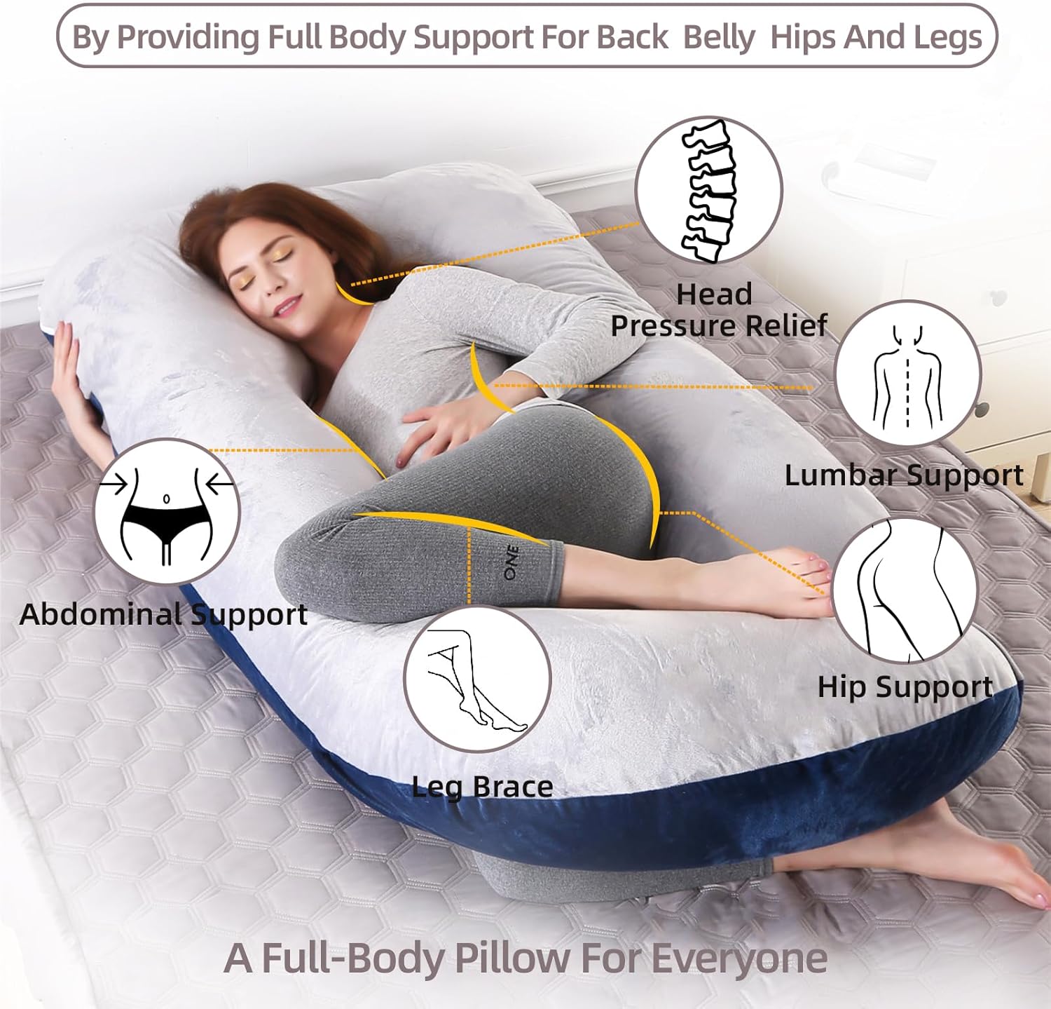 Skiennix 60 Inch U-Shaped Pregnancy Pillow - Cooling Full Body Maternity Support with Washable Velvet Cover | Light Grey & Blue