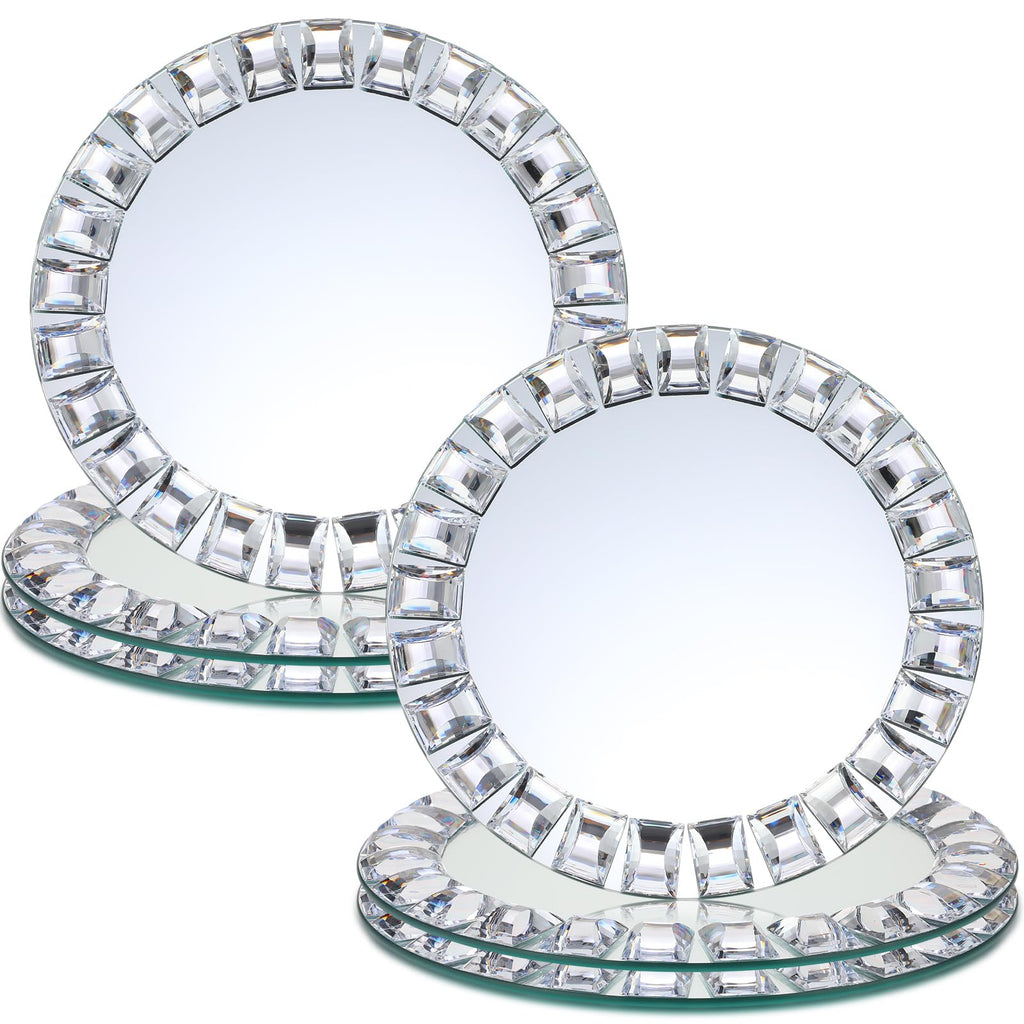 Suclain 6 Pcs Mirrored Glass Charger Plates 13 Inch Silver Mirror Plates Round Chargers for Dinner with Diamond Rim Settings for Wedding Birthday Party Events (Square Diamond Rim)