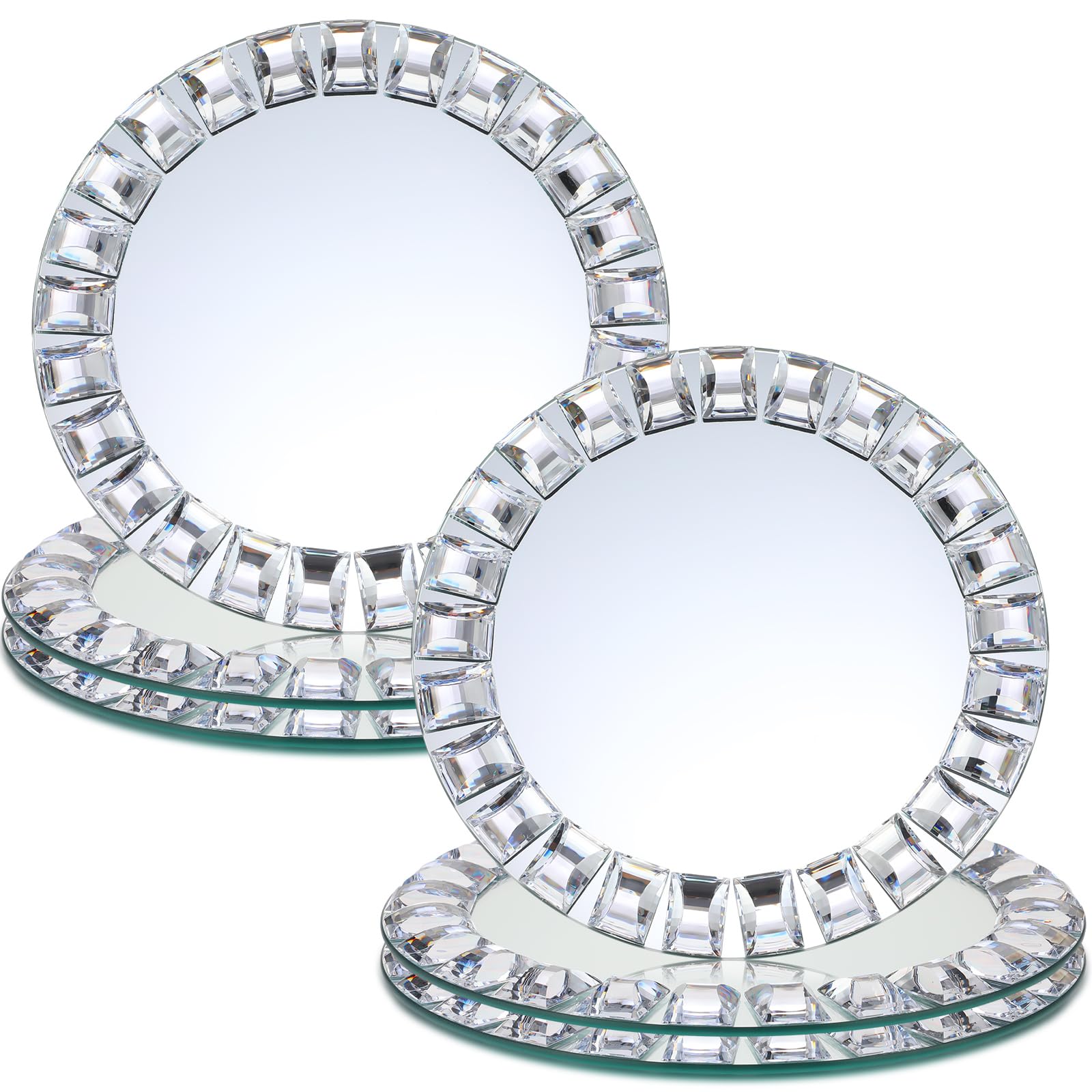 Suclain 6 Pcs Mirrored Glass Charger Plates 13 Inch Silver Mirror Plates Round Chargers for Dinner with Diamond Rim Settings for Wedding Birthday Party Events (Square Diamond Rim)